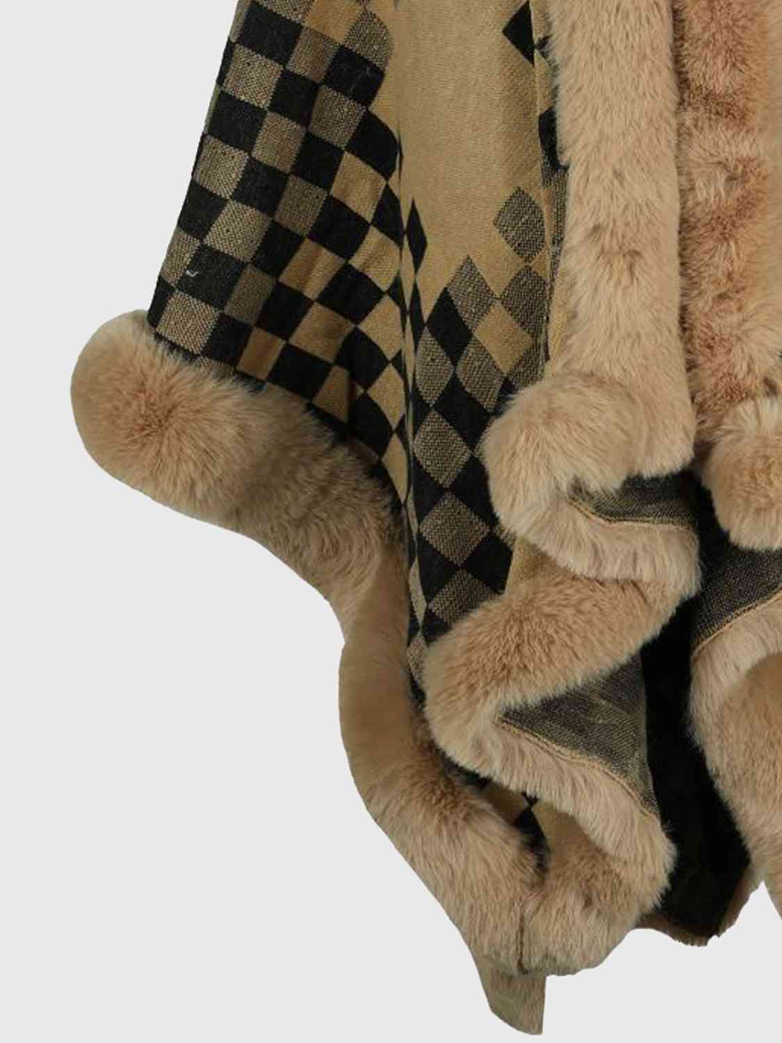 Checkered Faux Fur Trim Poncho - TRENDMELO