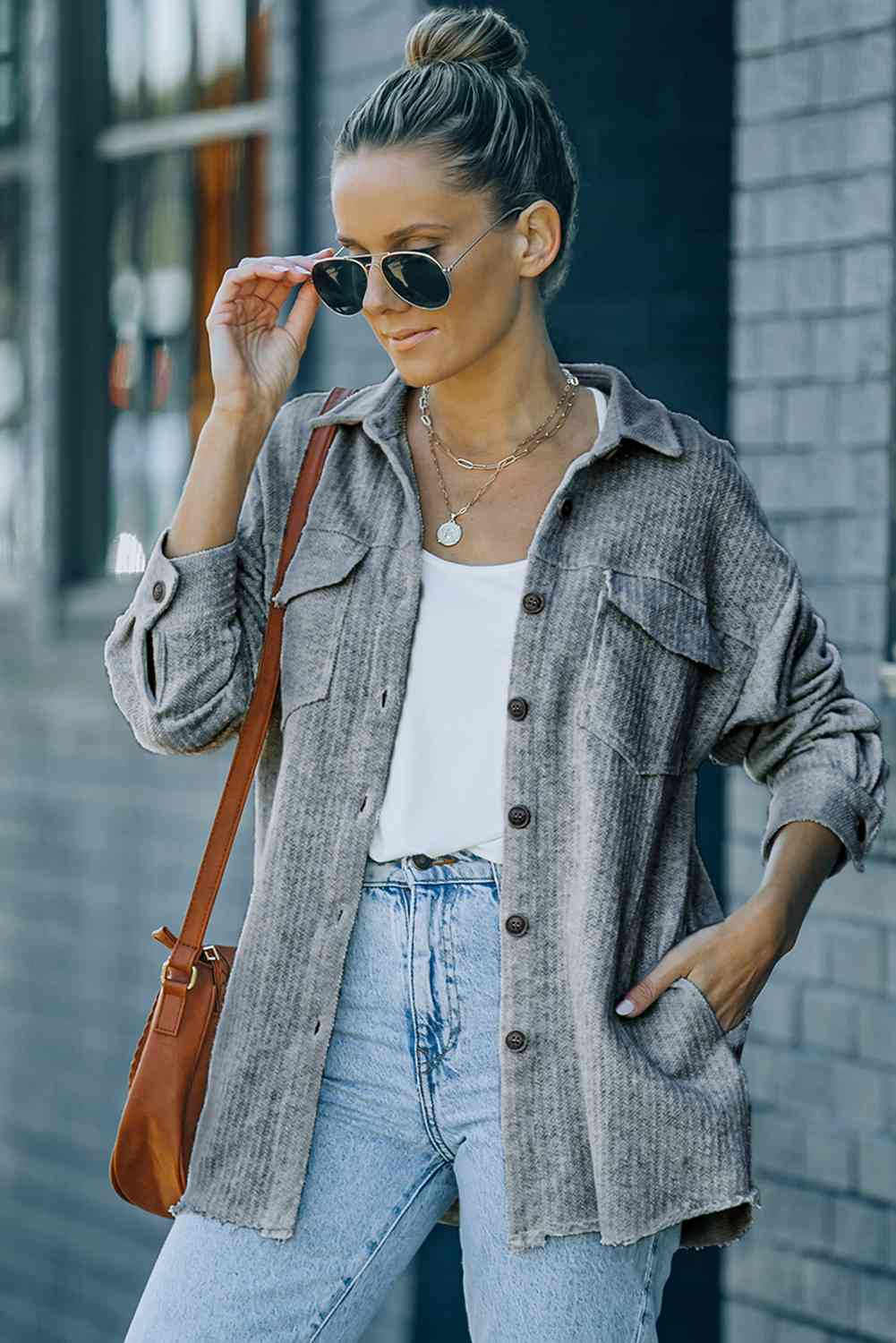 Textured Button Down Shirt Jacket with Pockets - TRENDMELO