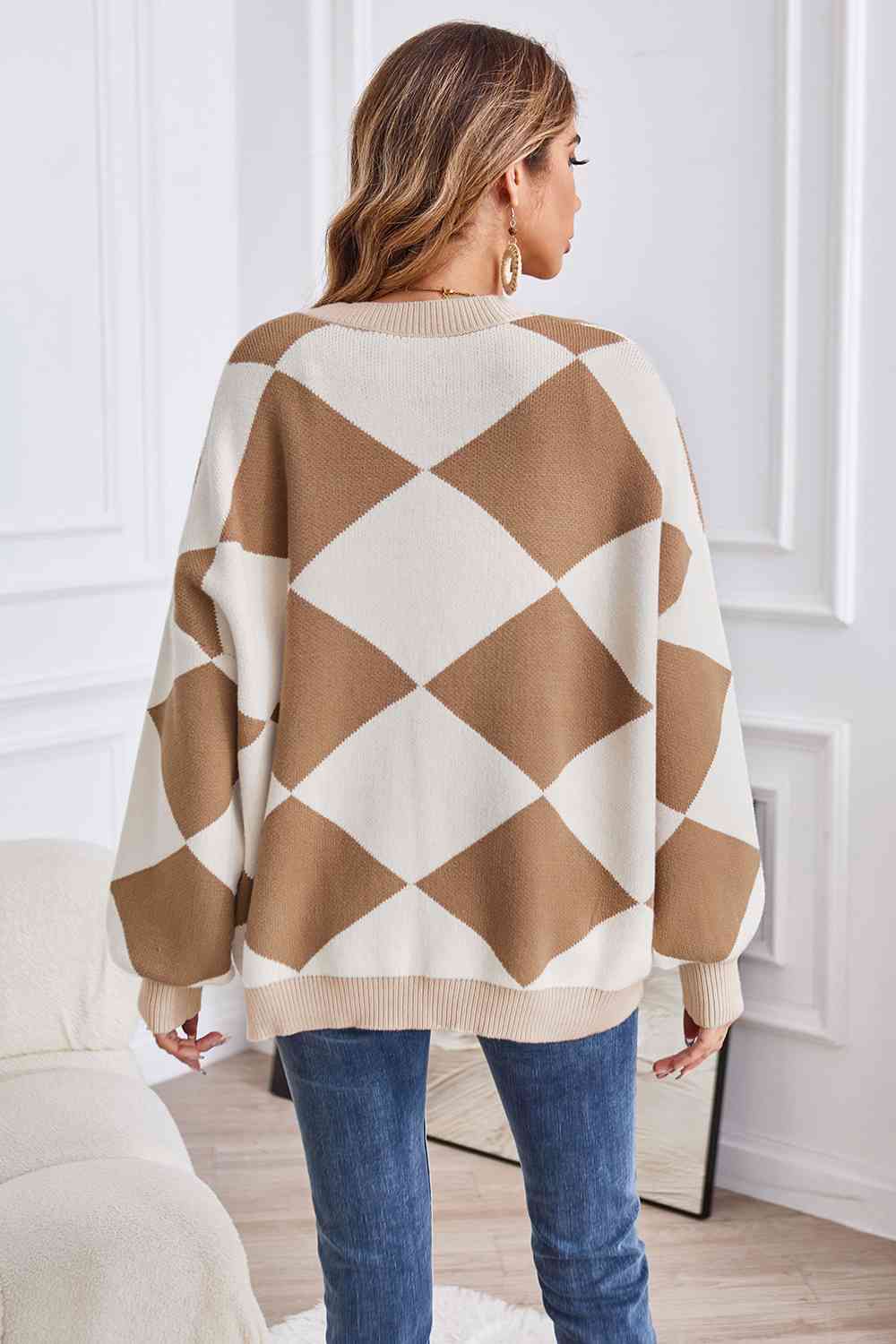 Geometric Lantern Sleeve Cardigan with Pockets - TRENDMELO