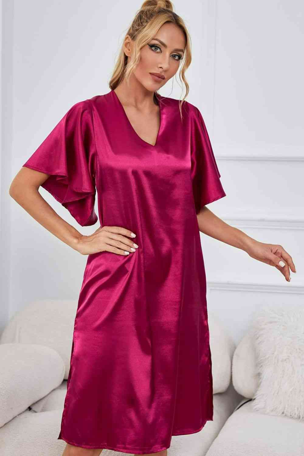 Satin Flutter Sleeve Side Slit V-Neck Night Dress - TRENDMELO