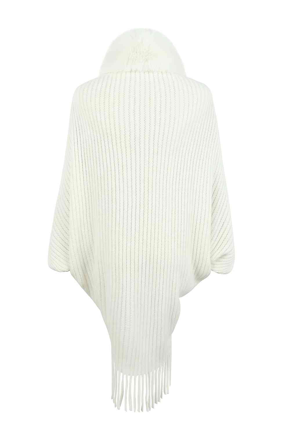 Fringe Detail Long Sleeve Ribbed Poncho - TRENDMELO