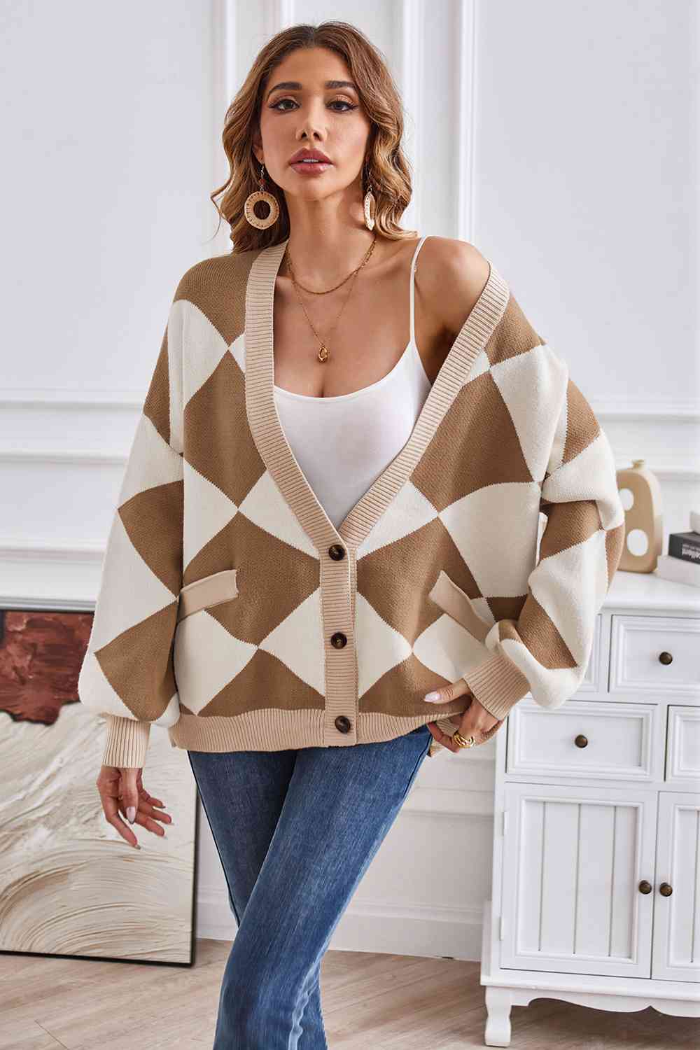 Geometric Lantern Sleeve Cardigan with Pockets - TRENDMELO