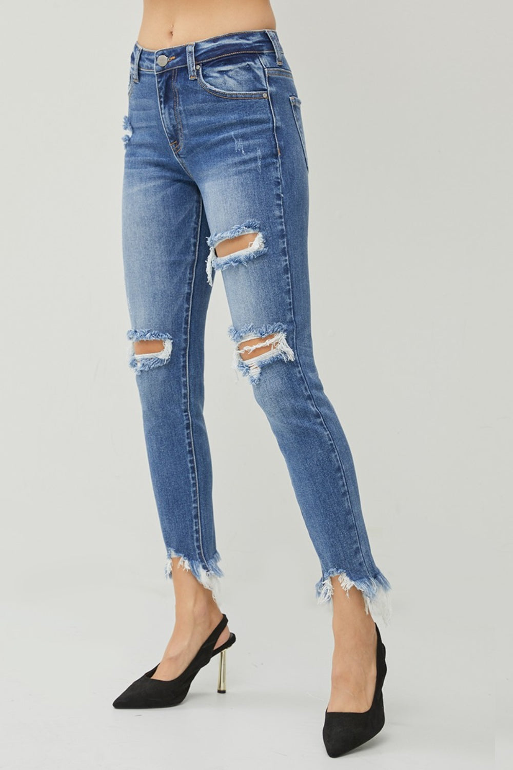 RISEN Distressed Frayed Hem Slim Jeans - TRENDMELO