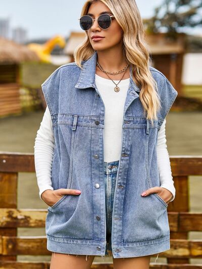 Button Up Collared Neck Sleeveless Denim Jacket - TRENDMELO