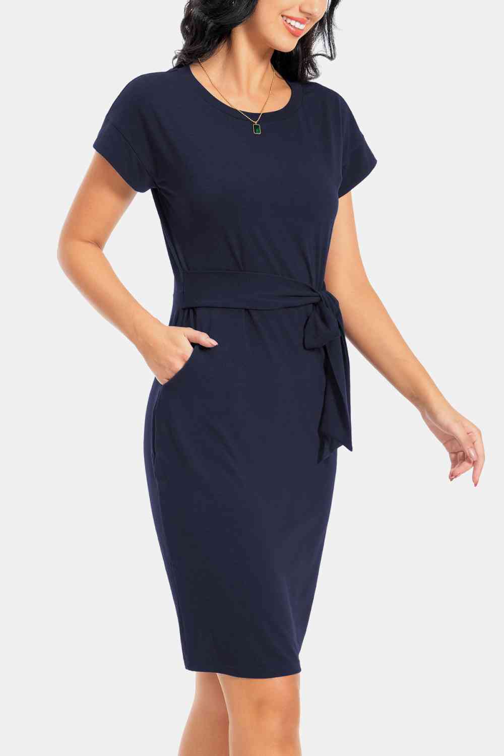 Tie Front Round Neck Short Sleeve Dress - TRENDMELO