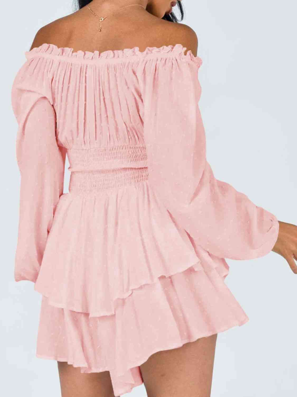 Off Shoulder Smocked Waist Romper - TRENDMELO