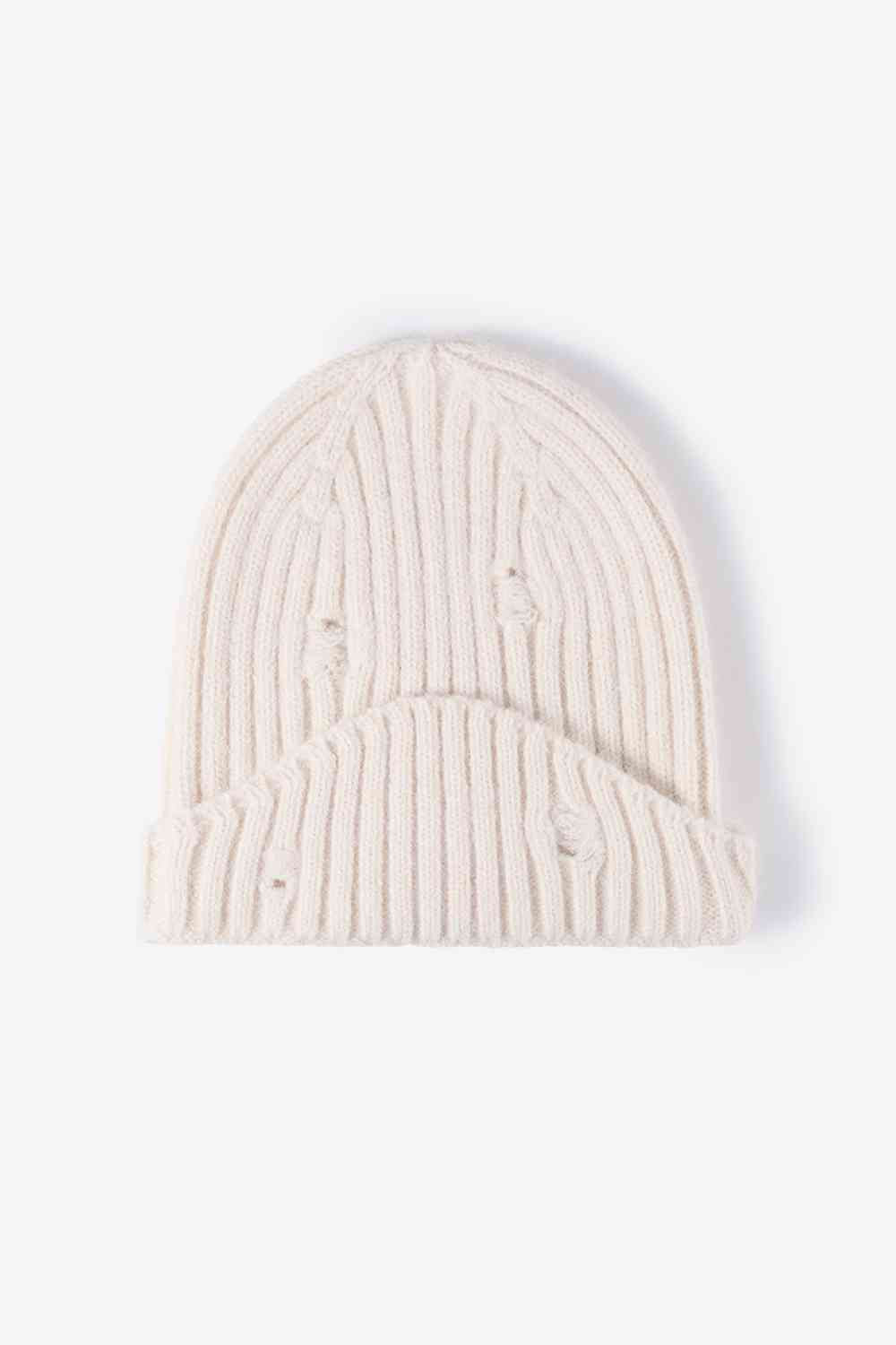 Distressed Rib-Knit Beanie - TRENDMELO