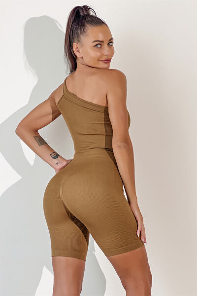 Asymmetrical Neck Wide Strap Active Romper - TRENDMELO