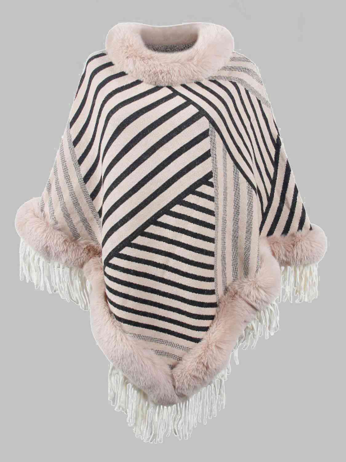 Striped Fringe Hem Poncho - TRENDMELO