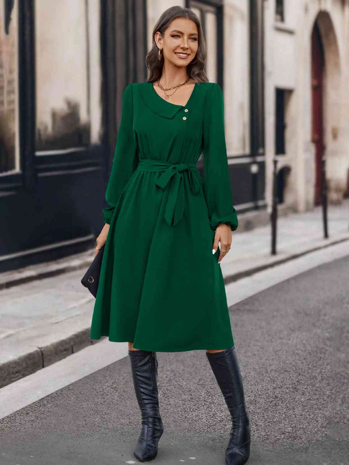 Buttoned Tie Front Long Sleeve Asymmetrical Neck Dress - TRENDMELO