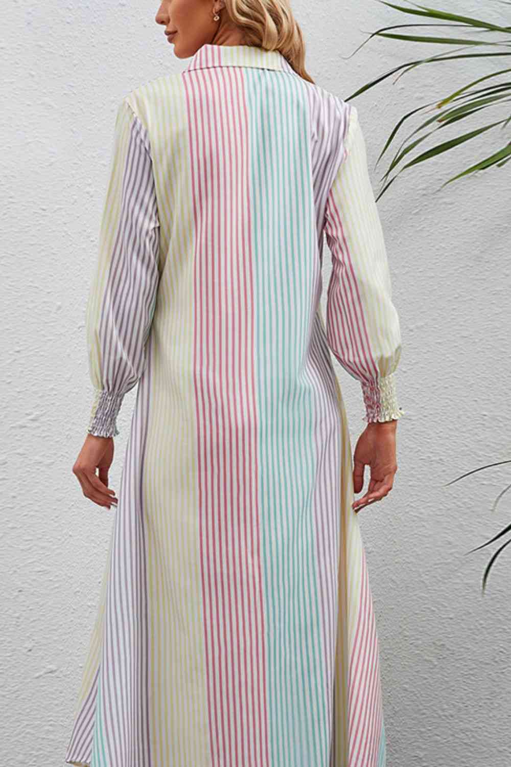 Rainbow Stripe Button-Up Maxi Shirt Dress - TRENDMELO