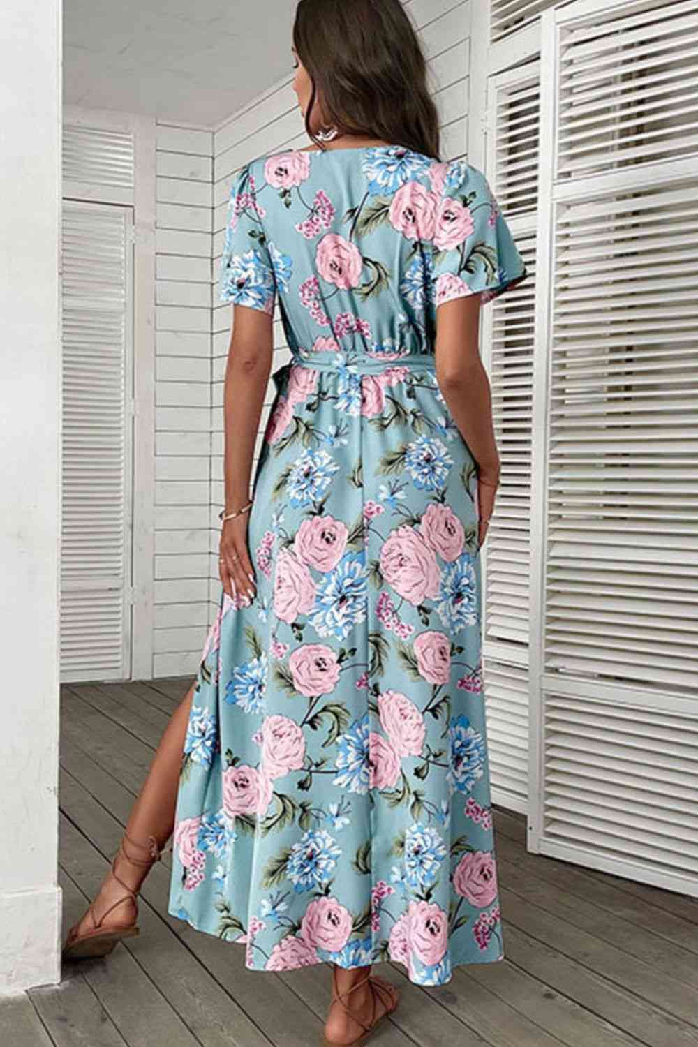 Floral Tie-Waist Slit Surplice Maxi Dress - TRENDMELO