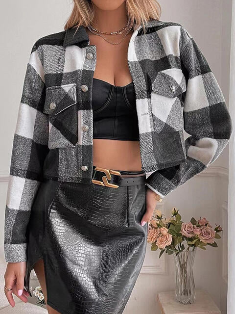 Plaid Collared Neck Button Down Jacket - TRENDMELO