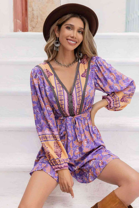 V-Neck Tie Waist Printed Mini Dress - TRENDMELO