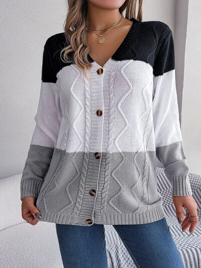 Cable-Knit Striped Button Up Cardigan - TRENDMELO