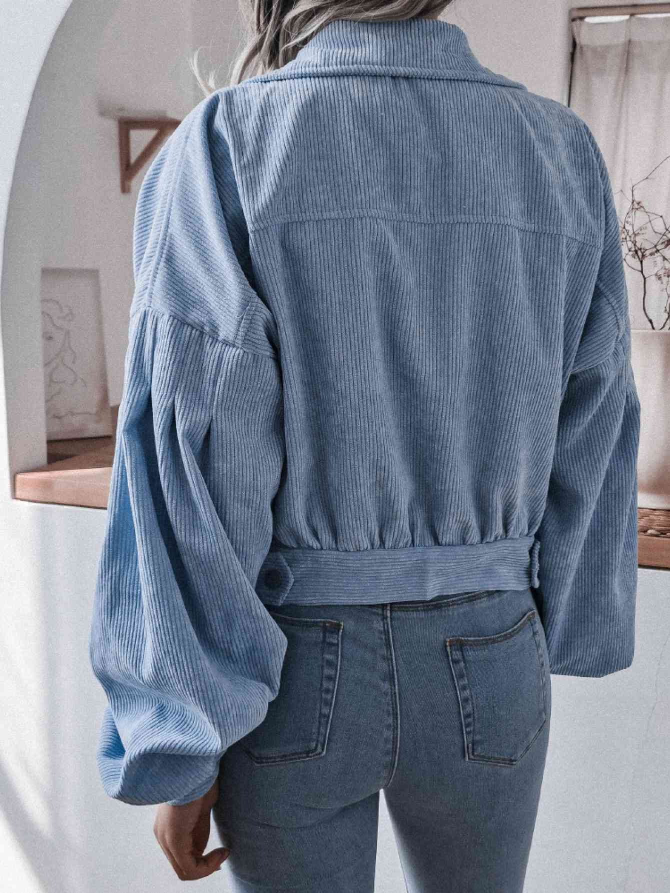 Lantern Sleeve Cropped Corduroy Jacket - TRENDMELO