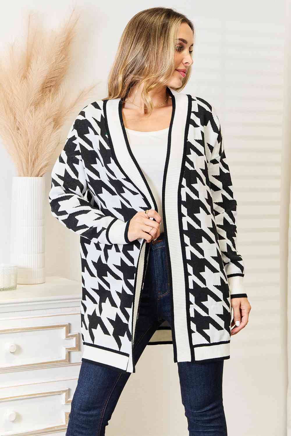 Woven Right Houndstooth Open Front Longline Cardigan - TRENDMELO