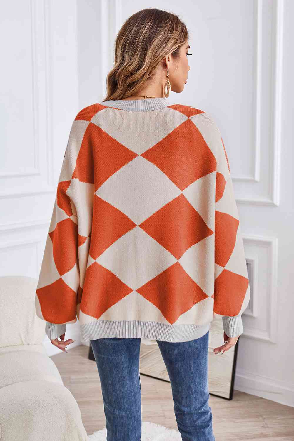 Geometric Lantern Sleeve Cardigan with Pockets - TRENDMELO