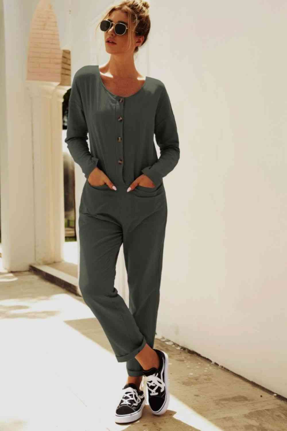 Buttoned Drop Shoulder Pocket Jumpsuit - TRENDMELO