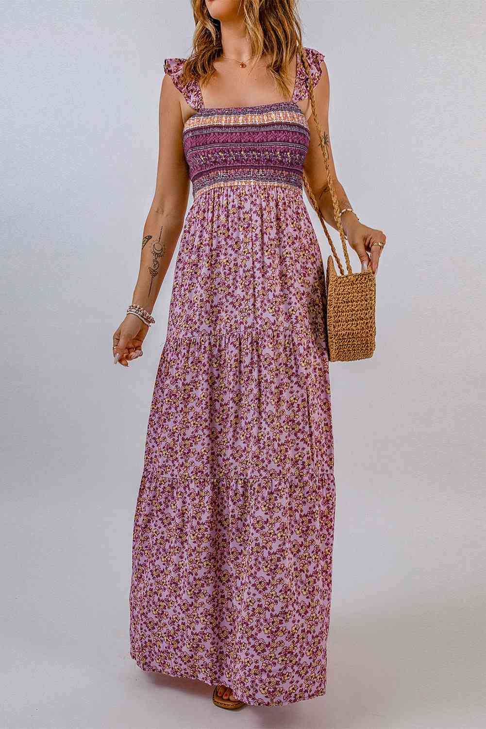 Floral Square Neck Maxi Dress - TRENDMELO