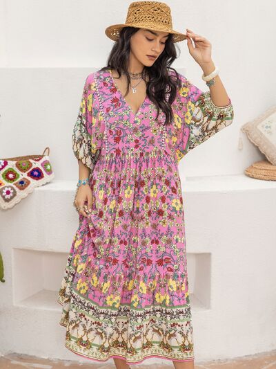 Printed V-Neck Balloon Sleeve Dress - TRENDMELO