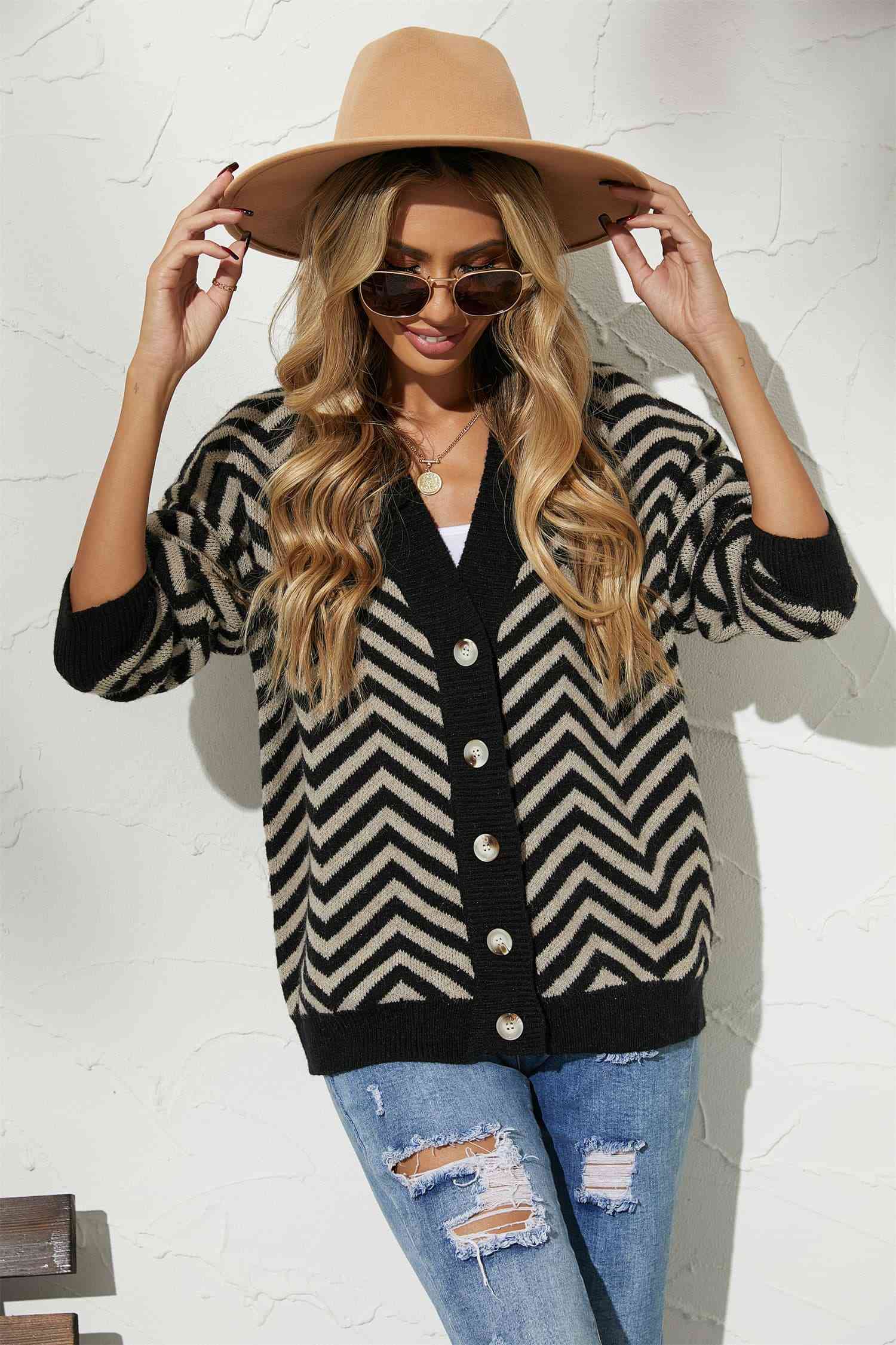 V-Neck Button-Down Cardigan - TRENDMELO