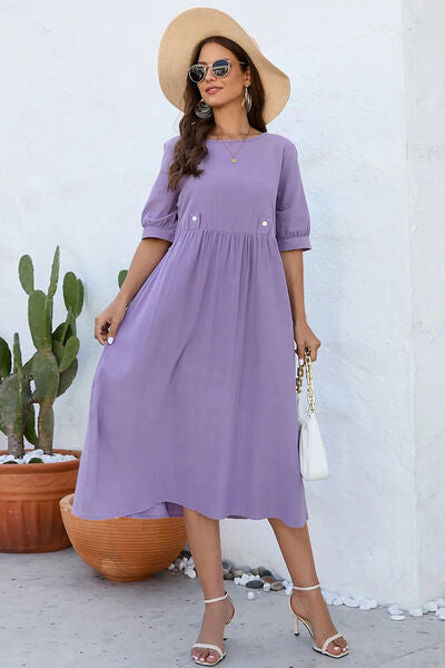 Decorative Button Round Neck Half Sleeve Dress - TRENDMELO