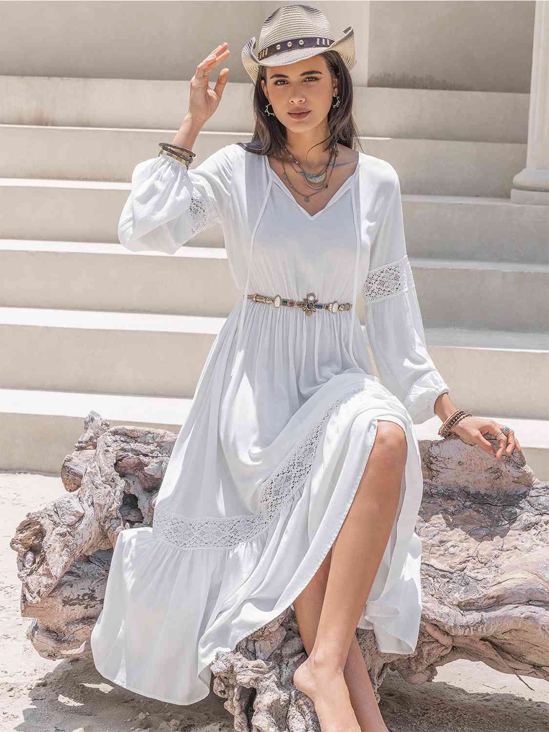 Tie Neck Balloon Sleeve Midi Dress - TRENDMELO