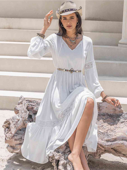 Tie Neck Balloon Sleeve Midi Dress - TRENDMELO