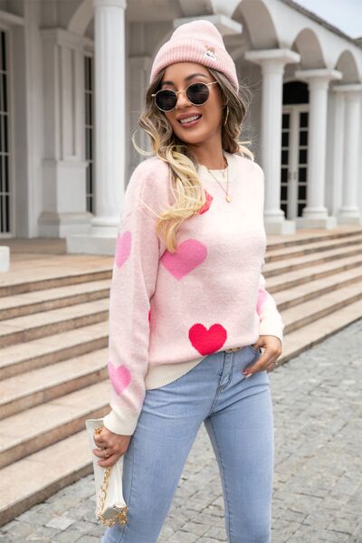 Heart Round Neck Droppped Shoulder Sweater - TRENDMELO