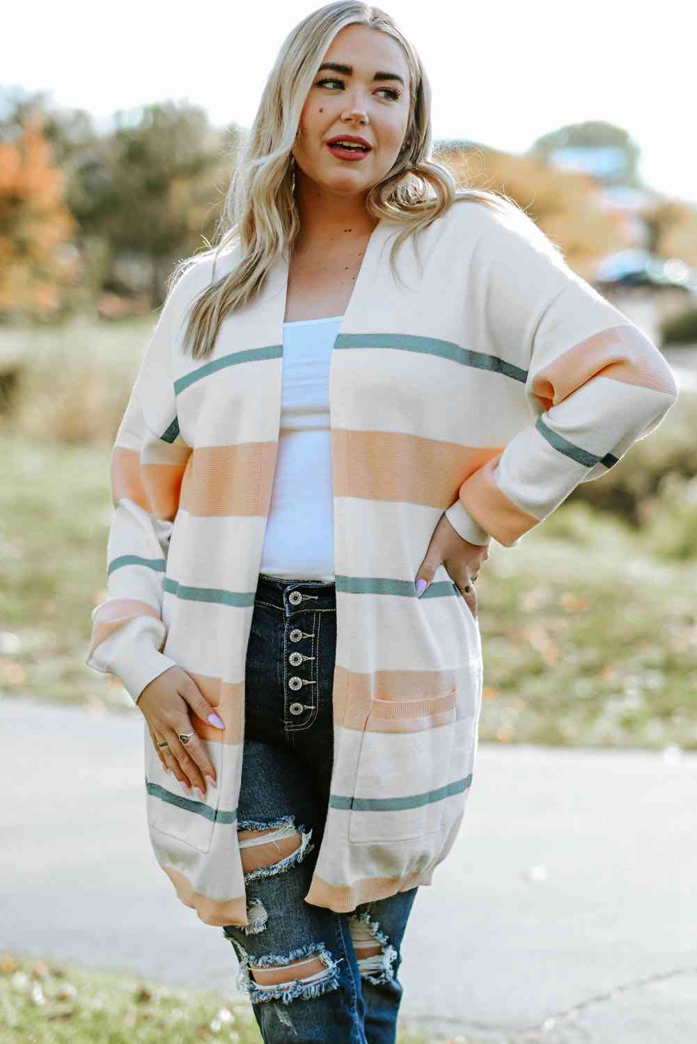 Plus Size Striped Open Front Cardigan - TRENDMELO