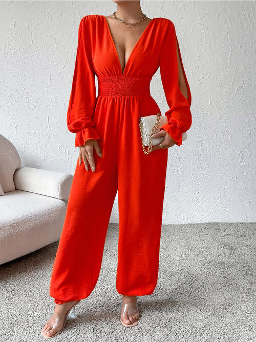 Plunge Smocked Flounce Sleeve Jumpsuit - TRENDMELO