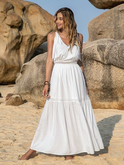 V-Neck Tie Shoulder Crochet Maxi Dress - TRENDMELO