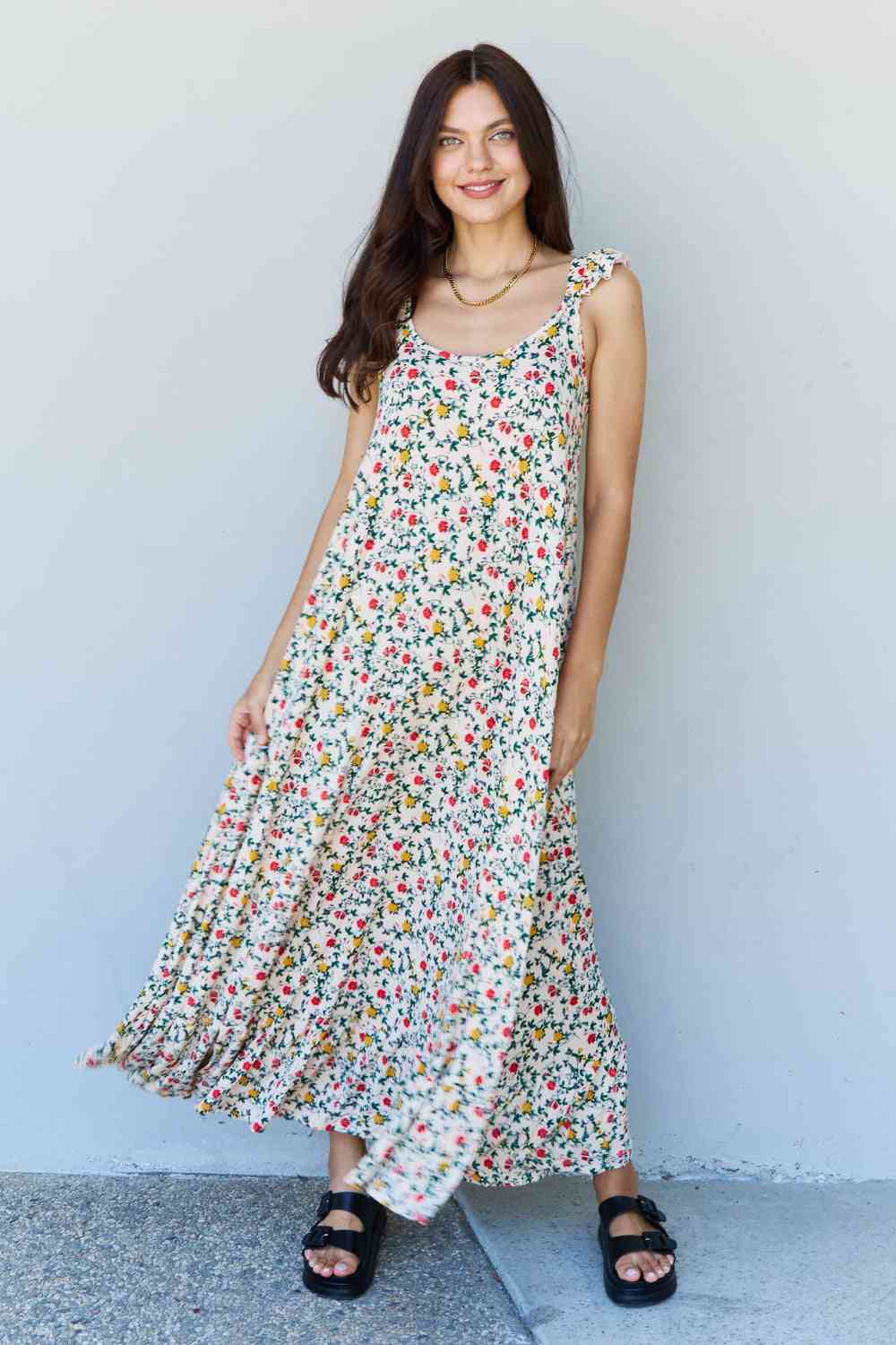 Doublju In The Garden Ruffle Floral Maxi Dress in Natural Rose - TRENDMELO