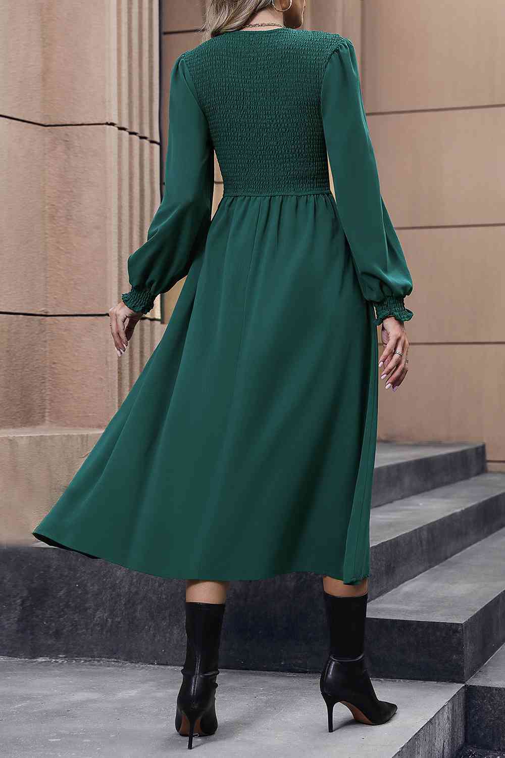 Smocked Long Sleeve Midi Dress - TRENDMELO