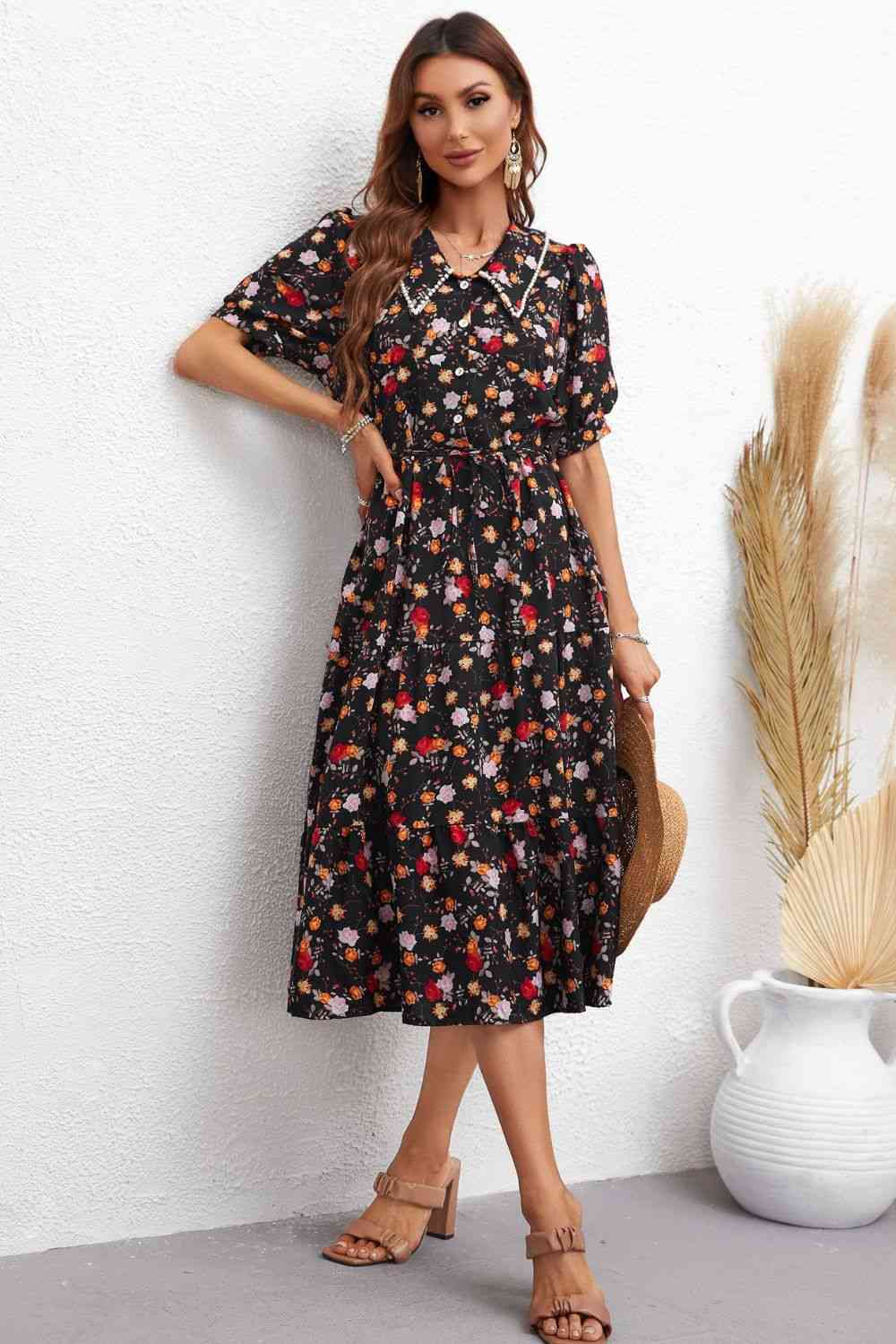 Floral Collared Neck Puff Sleeve Dress - TRENDMELO