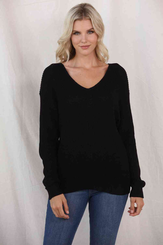 V-Neck Long Sleeve Knit Top - TRENDMELO