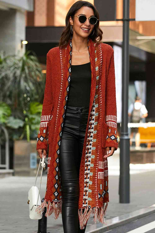 Bohemian Tassel Hem Open Front Duster Cardigan - TRENDMELO