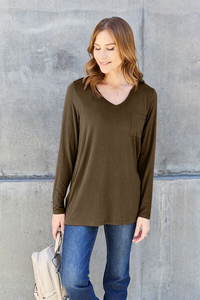 Basic Bae Full Size V-Neck Long Sleeve Top - TRENDMELO