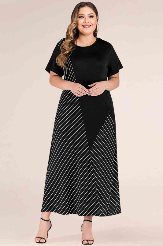 Plus Size Striped Color Block Tee Dress - TRENDMELO