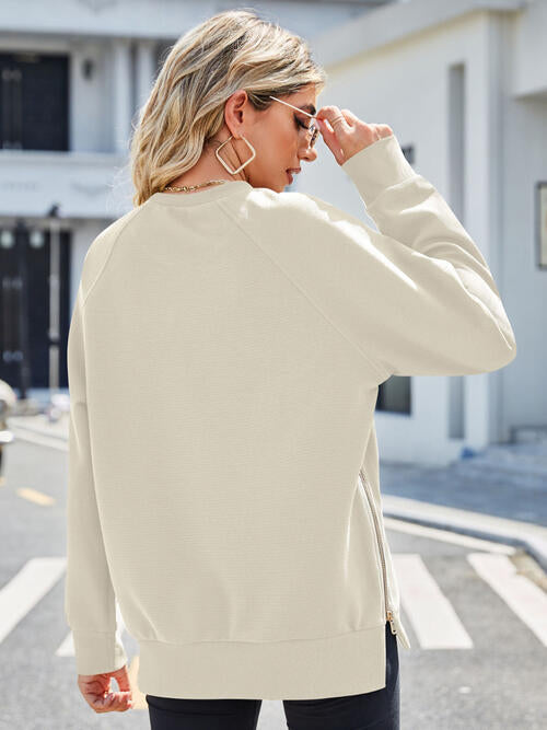 Zip Detail Round Neck Long Sleeve Sweatshirt - TRENDMELO