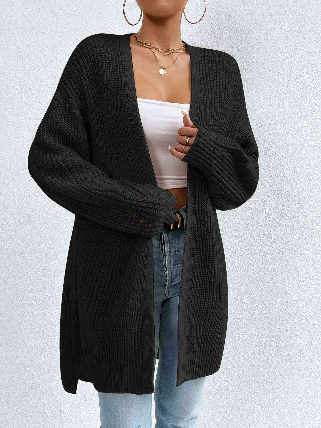 Open Front Dropped Shoulder Slit Cardigan - TRENDMELO