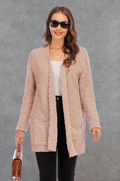 Pocketed Open Front Long Sleeve Cardigan - TRENDMELO