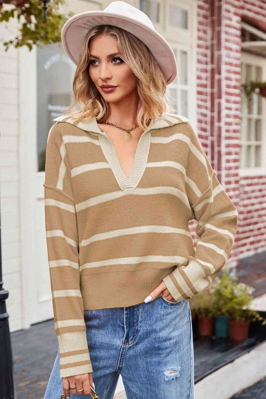 Striped Dropped Shoulder Notched Neck Knit Top - TRENDMELO