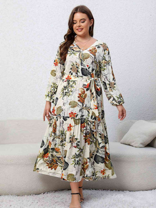 Plus Size Floral Tied Balloon Sleeve Midi Dress - TRENDMELO