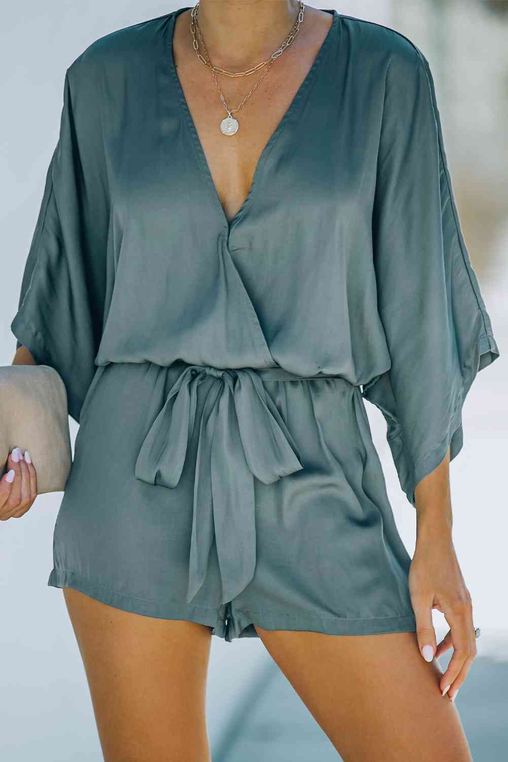 Tie Waist Dolman Sleeve Romper - TRENDMELO