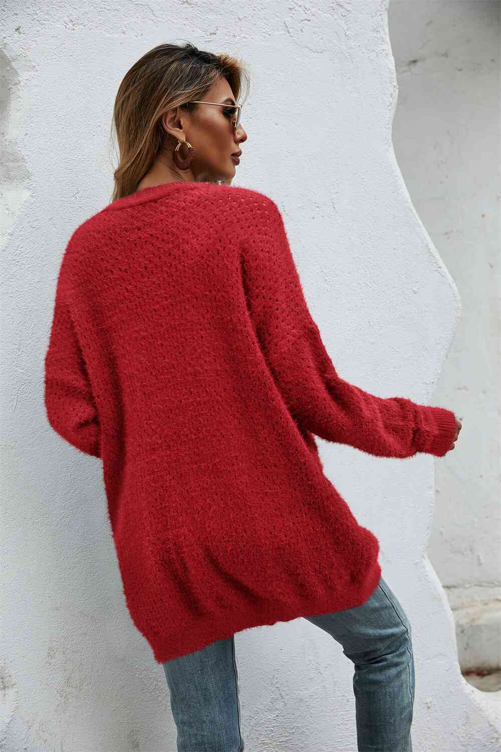 Open Front Openwork Fuzzy Cardigan with Pockets - TRENDMELO