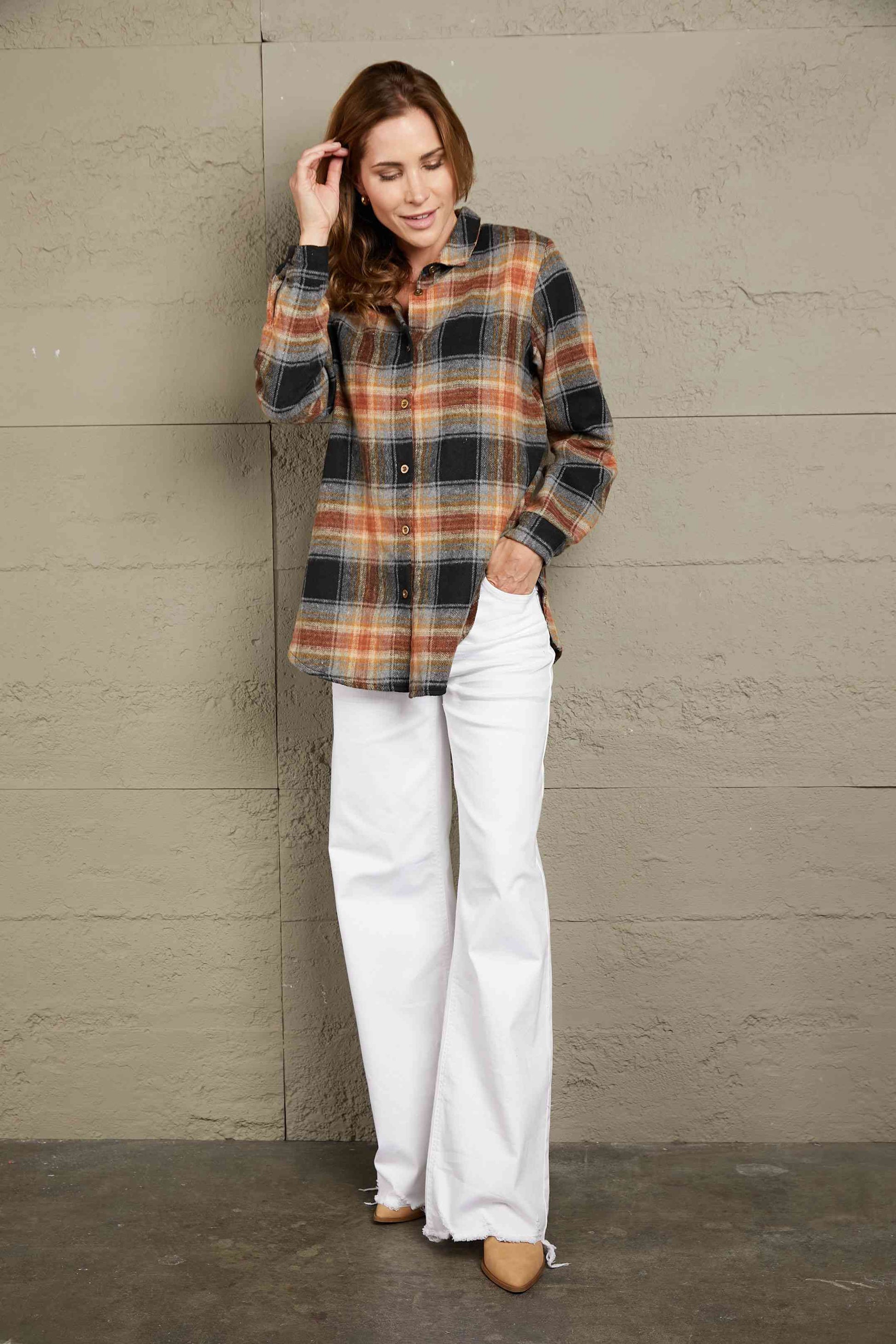 Double Take Plaid Side Slit Curved Hem Shirt - TRENDMELO