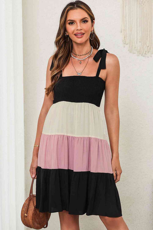 Color Block Tie Shoulder Tiered Dress - TRENDMELO