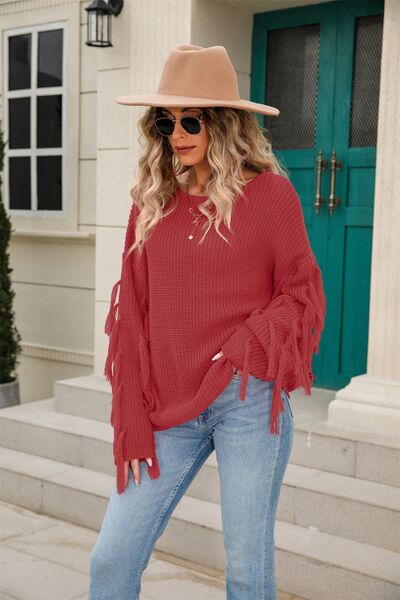 Fringe Round Neck Dropped Shoulder Sweater - TRENDMELO